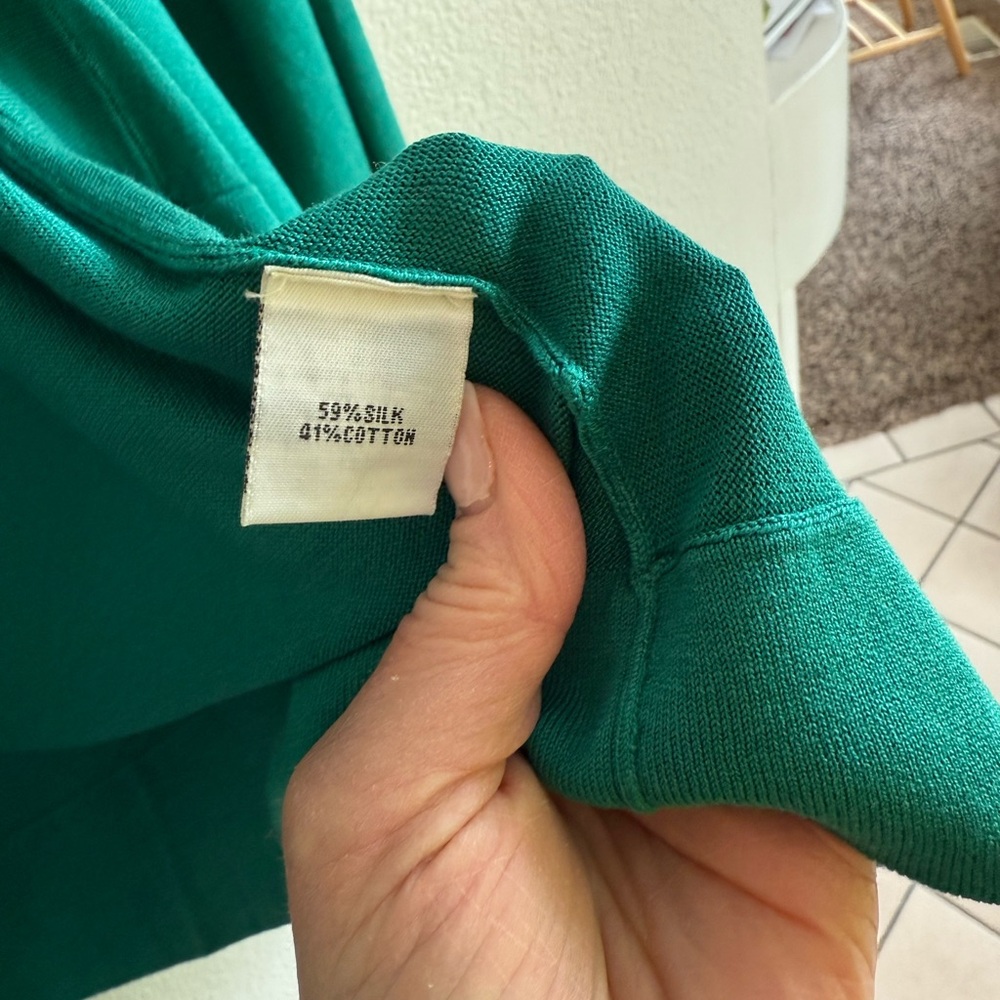 Kenneth Cole, silk blend, Green Open Front Cardigan Sweater, petite large. - Picture 4 of 6